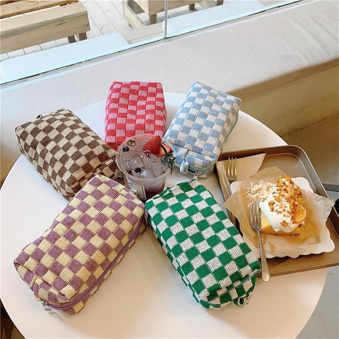 PAZIMIIK Checkered Makeup Bag for Purse Portable Zipper Make Up Pouch Small Cosmetic Case for Travel Accessories (6PCS Purple)