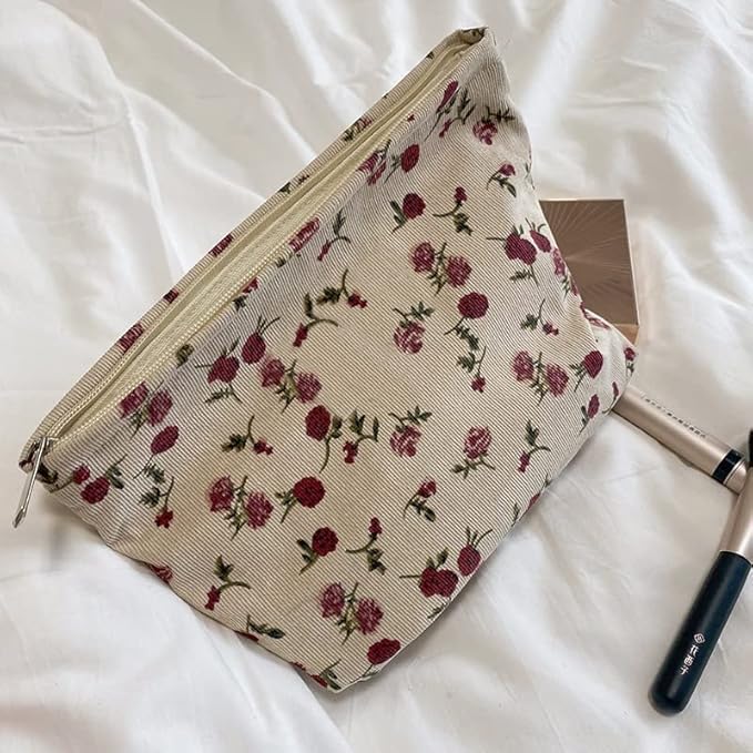 PAZIMIIK Makeup Bag Large Zipper Corduroy Make Up Pouch for Purse Travel Canvas Cosmetic Organizer for Women Brush Storage,Vintage Rose Beige