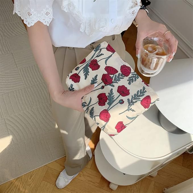 PAZIMIIK Floral Makeup Bag Large Cotton Zipper Pouch for Purse Travel Canvas Make Up Organizer for Women Cosmetic,Poppy Beige