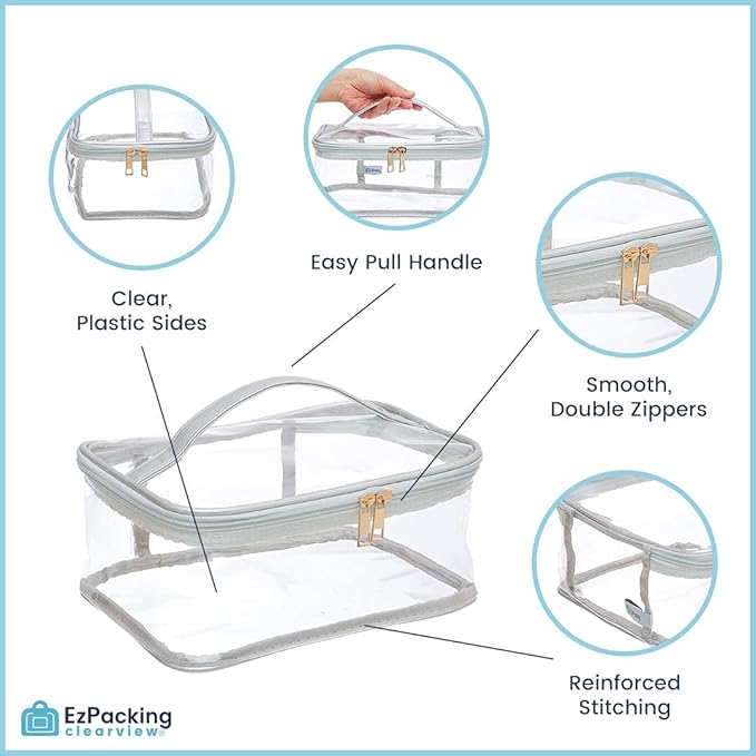 Large Cosmetic Bag for Women / Clear, See-Through Makeup, Hair & Nail Accessories Pouch for Travel or Home / Transparent PVC Plastic Organizer, Spacious Interior, Handle & Double Zippers (Silver)