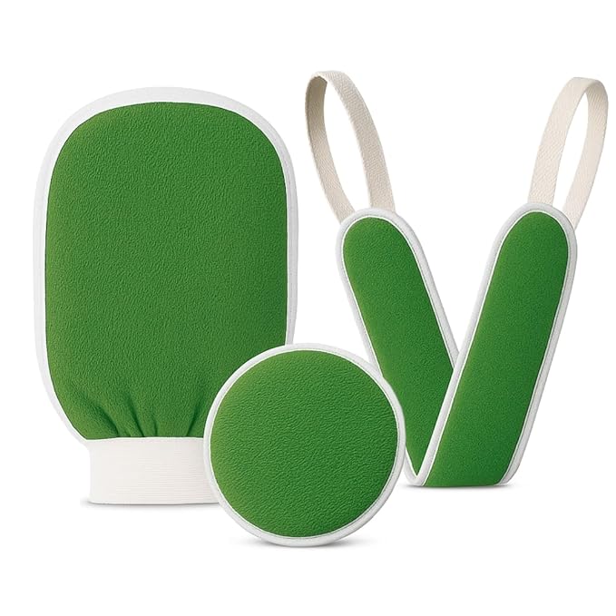 Exfoliating Glove Set (Original) – 3 Pieces Moroccan Hammam Scrub Mitts for Face, Body & Back – Deep Skin Cleansing & Dead Skin Removal – Reusable Spa Exfoliator – Assorted Colors (GREEN)