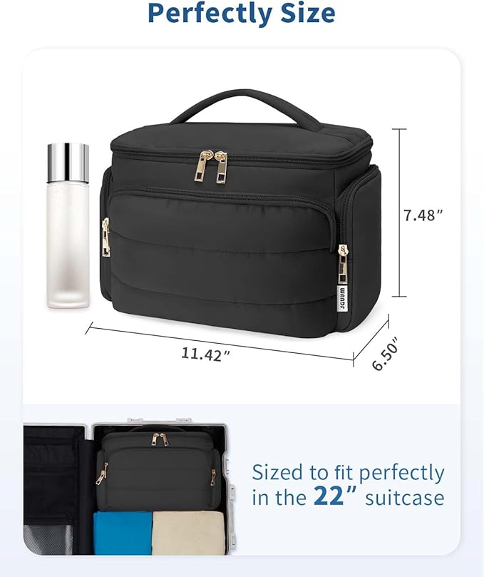 WANDF Travel Toiletry Bag for Women, Wide-open Large Makeup Bag with Handle, Puffy Makeup Organizer for Toiletries, Cosmetics, Accessories, Essentials (Black)