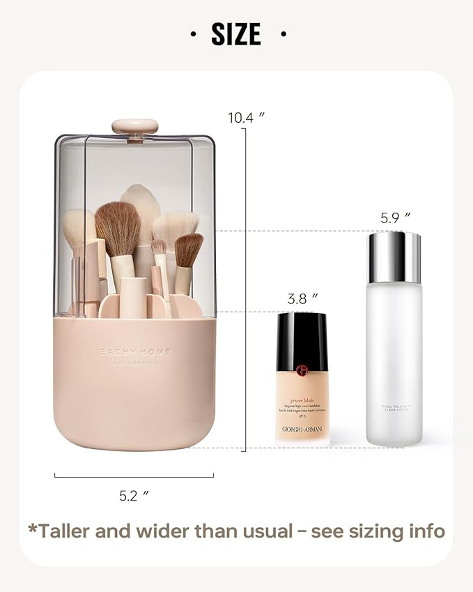 EACHY Makeup Brush Holder 360° Rotating with Dustproof Lid, Waterproof Material, 7 Compartments for Organized Storage, Stylish and Durable Design for Vanity (Pink)