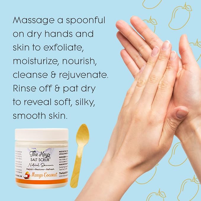 The Keys Salt Scrub -Sea Salt Scrub - Exfoliating Body Scrub with Wooden Spoon - Moisturizing Exfoliator for Hands, Foot, Bath, (3.4 Ounce (Pack of 1), Mango Coconut)
