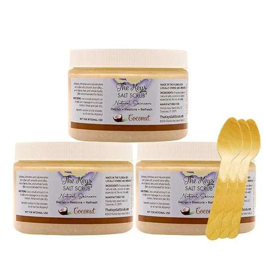 The Keys Salt Scrub -Sea Salt Scrub - Exfoliating Body Scrub with Wooden Spoon - Moisturizing Exfoliator for Hands, Foot, Bath, (12 Ounce (Pack of 3), Coconut)