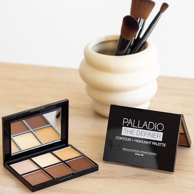 Palladio Definer Contour and Highlight Palette, Perfect for Sculpting Facial Features, Blendable Satin Finish Colors, 6 shades for Contouring and Highlighting, Compact Powder with Mirror