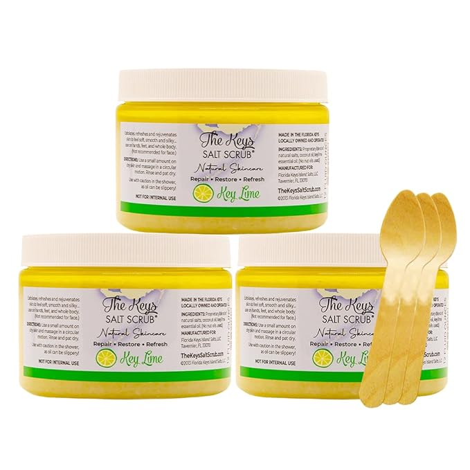 The Keys Salt Scrub -Sea Salt Scrub - Exfoliating Body Scrub with Wooden Spoon - Moisturizing Exfoliator for Hands, Foot, Bath, (12 Ounce (Pack of 3), Key Lime)