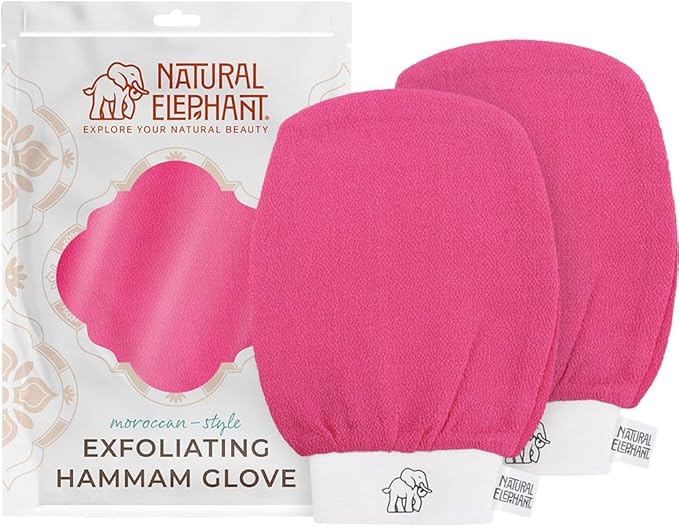 Natural Elephant Exfoliating Hammam Glove | Authentic Moroccan Kessa Body Scrub Mitt for Spa-Quality Skin Renewal | Pink Tulip 2 Pack