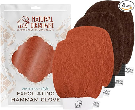 Natural Elephant Exfoliating Kessa Glove - Face and Body Exfoliator Hammam Mitt (2 Brown and 2 Orange (Pack of 4))