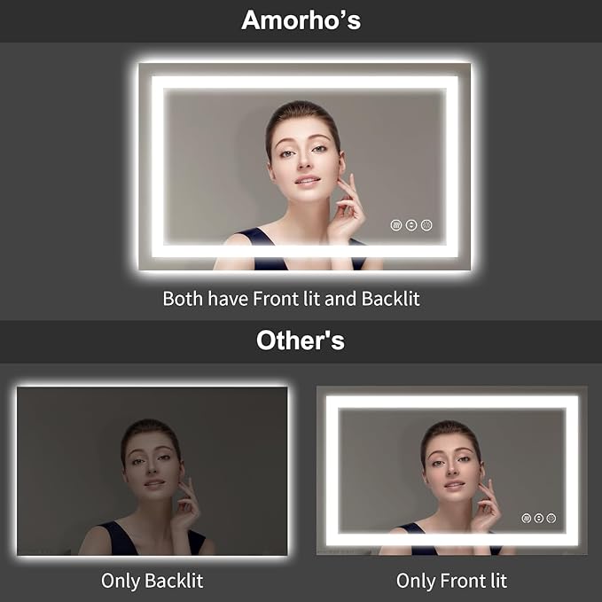 Amorho LED Mirror for Bathroom 36" X30" with Front Light and Backlit, Stepless Dimmable, Anti-Fog, Shatter-Proof, Memory, 3 Colors, Wall Mount (Horizontal/Vertical)