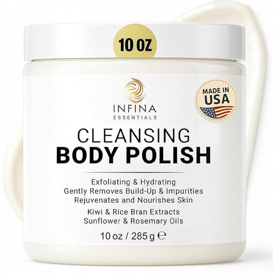 Exfoliating Body Scrub Polish 10 oz - Moisturizing & Hydrating Body Exfoliator with Kiwi & Rice Bran Extract – Gentle Cleansing Polish Scrub for Smooth & Nourished Skin by INFINA ESSENTIALS
