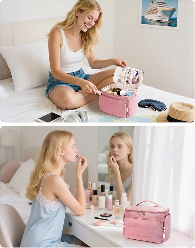 WANDF Travel Toiletry Bag for Women, Wide-open Large Makeup Bag with Handle, Puffy Makeup Organizer for Toiletries, Cosmetics, Accessories, Essentials (Dusty Pink)