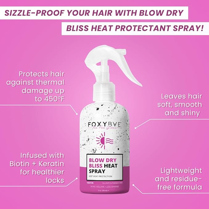 FoxyBae Heat Protectant Spray - with Biotin - Thermal Protection for up to 450°F - More Volume, Less Damage - Blow Dry Bliss - 8 Fl Oz