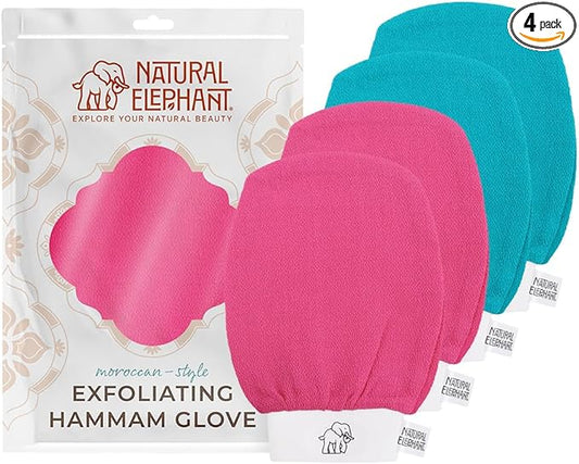 Natural Elephant Exfoliating Kessa Glove - Face and Body Exfoliator Hammam Mitt (2 Teal and 2 Pink (Pack of 4))