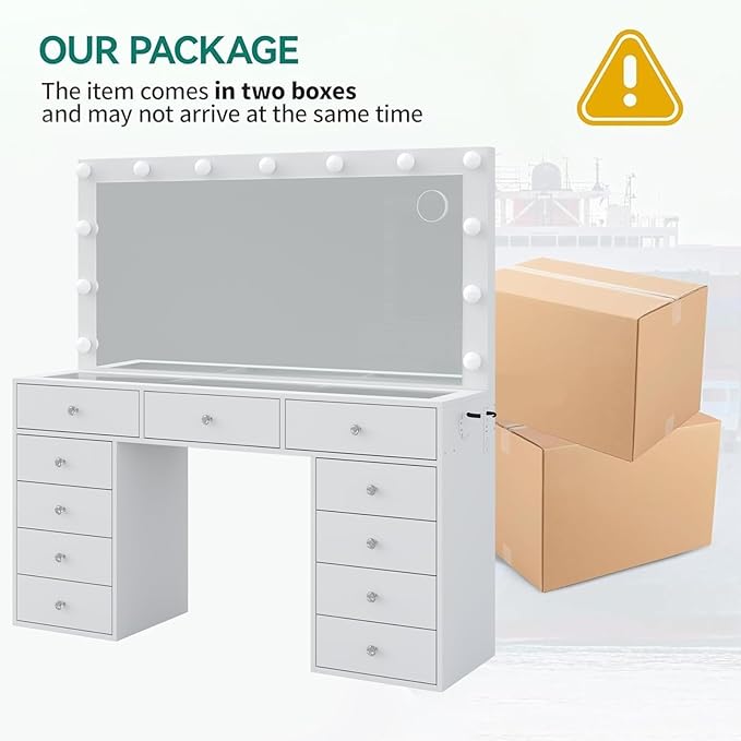 11 Drawers Makeup Vanity with Charging Station, Vanity Desk with 13 LED Bulbs and HD Mirror, 3 Color Brightness Adjustable, Glass Top Vanity Set for Bedroom, White