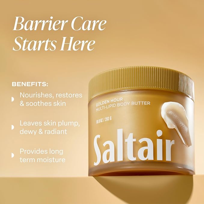 Saltair Multi-Lipid Body Butter - Rich, Nourishing Golden Hour Hydrating Body Cream with Ceramide Complex, Coconut Oil, Shea Butter, and Sea Buckthorn. Deep Moisturizing Dry Skin Care. 10oz Jar