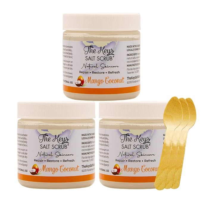 The Keys Salt Scrub -Sea Salt Scrub - Exfoliating Body Scrub with Wooden Spoon - Moisturizing Exfoliator for Hands, Foot, Bath, (3.4 Ounce (Pack of 3), Mango Coconut)
