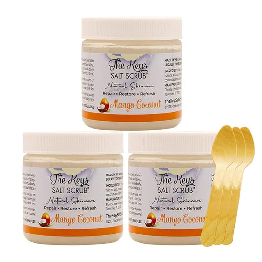 The Keys Salt Scrub -Sea Salt Scrub - Exfoliating Body Scrub with Wooden Spoon - Moisturizing Exfoliator for Hands, Foot, Bath, (3.4 Ounce (Pack of 3), Mango Coconut)