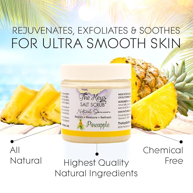 The Keys Salt Scrub -Sea Salt Scrub - Exfoliating Body Scrub with Wooden Spoon - Moisturizing Exfoliator for Hands, Foot, Bath, (3.4 Ounce (Pack of 1), Pineapple)