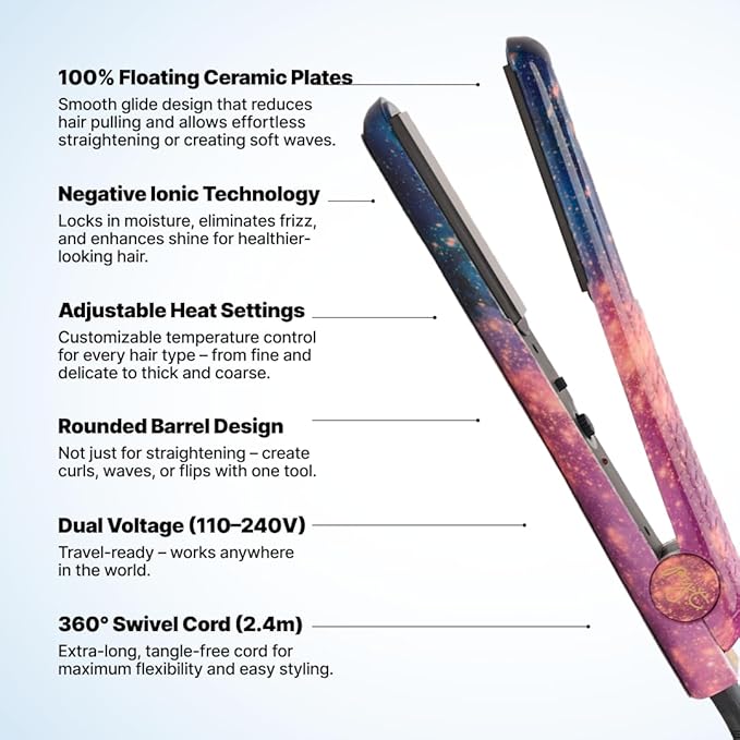 PYT Unicorn Pro Hair Straightener - Ceramic Flat Iron for Professional Styling. 150 W Power Output, Adjustable Temperature Suitable for All Hair Types. Straighten, Curl or Wave (Galaxy)