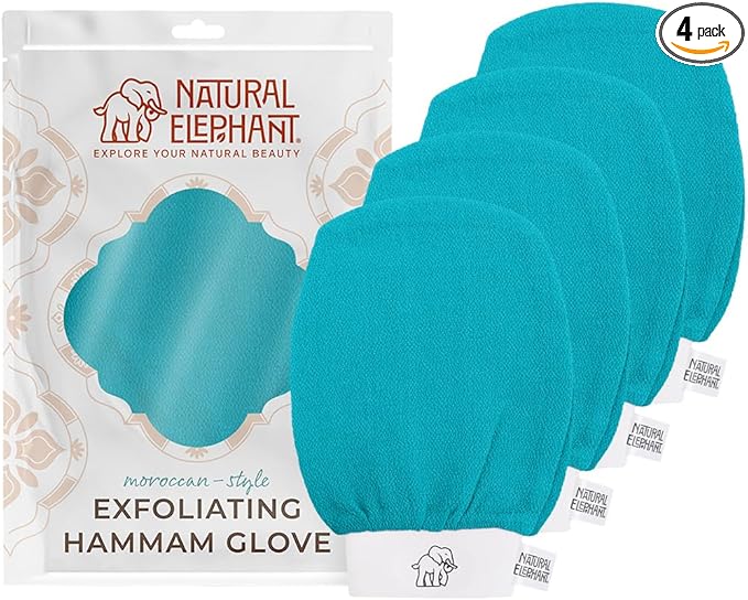 Natural Elephant Exfoliating Kessa Glove - Face and Body Exfoliator Hammam Mitt (Teal Waves (Pack of 4))