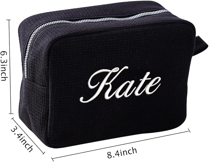 GOPHIE Personalized Embroidered Makeup Bag,Custom Waffle Fabric Cosmetic Pouch for Women, Travel Makeup Pouch (6, Black)
