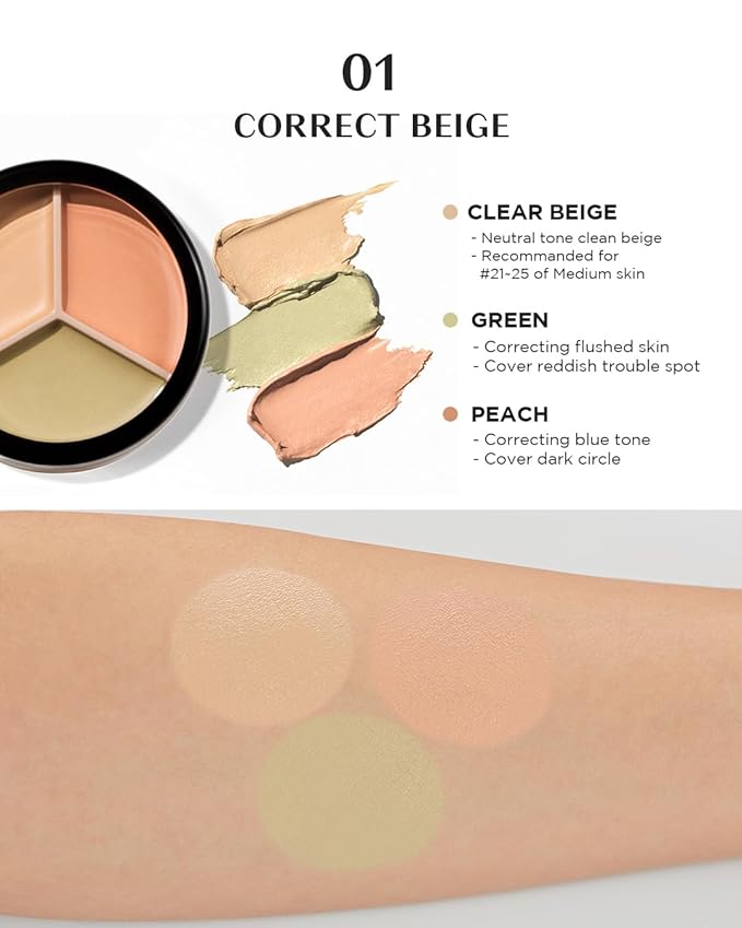 THESAEM Cover Perfection Triple Pot Concealer 01 Correct Beige + 02 Contour Beige - 3 Color Concealer for Medium & Natural Tone - Full Coverage, Correct & Conceal Redness, Dark Circles, Contouring
