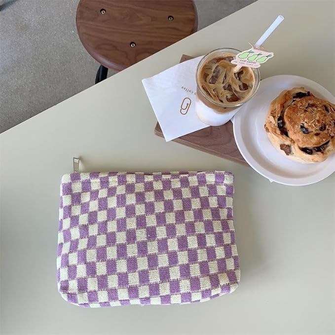 PAZIMIIK Knitted Checkered Makeup Bag Large Zipper Make Up Accessory Pouch for Purse Cosmetic Brush Bag for Travel Essential,Purple