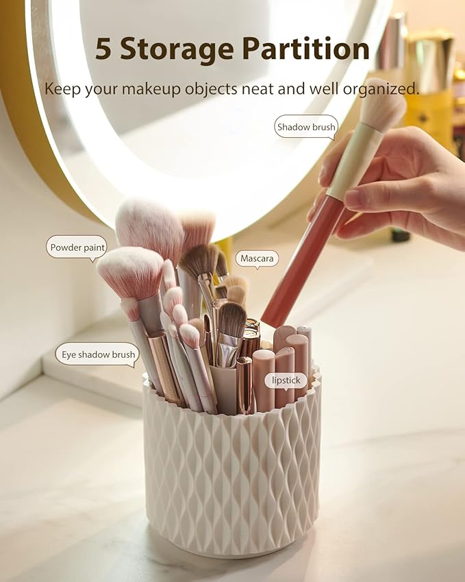 Makeup Brush Holder [Upgrade] [Dustproof & Waterproof] 360 Rotating Cosmetics Make up Brush Organizer Storage with Lid for Vanity