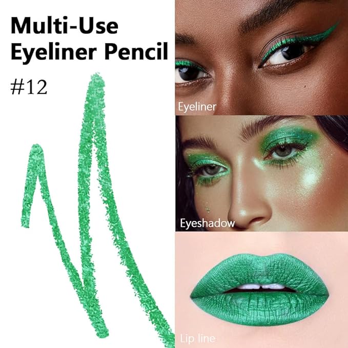evpct Green Glitter Eyeliner Pencil for Eyes, Forest Green Metallic Shimmer Eye Liner Pencil Makeup Waterproof Smudge Proof, Colored Gel Waterline Eyeliner Face Eye Paint Stick Halloween Makeup 12