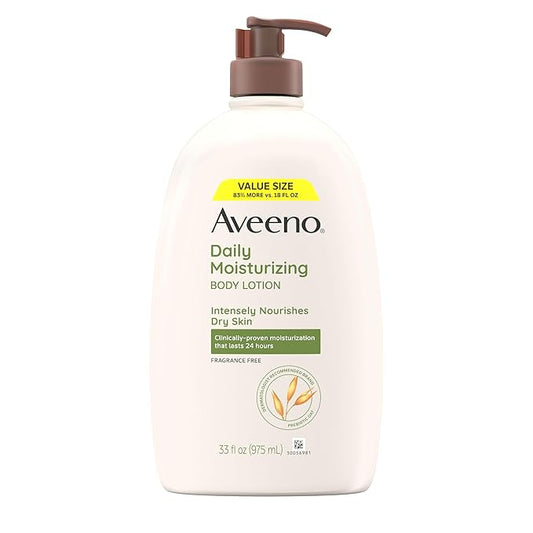 Aveeno Daily Moisturizing Body Lotion with Soothing Prebiotic Oat, Gentle Lotion Nourishes Dry Skin, Paraben-, Dye- & Fragrance-Free, Non-Greasy & Non-Comedogenic, Value Size, 33 fl. oz