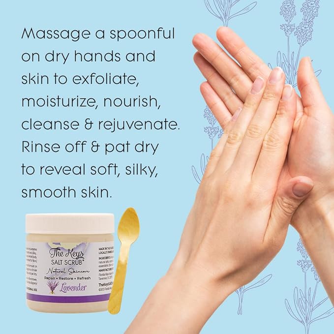 The Keys Salt Scrub - Lavender Sea Salt Scrub - Exfoliating Body Scrub with Wooden Spoon - Moisturizing Exfoliator for Face, Hands, Foot, Bath, Manicure & Pedicure, and Bikini Area Skin Care (3.4 oz.)