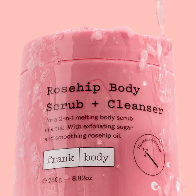 Frank Body Rosehip Body Scrub & Cleanser | Vegan, Cruelty Free, Exfoliating Body Scrub | Fades Marks and Softens Skin with Rosehip Oil, Coffee Seed Extract, and Lavender Oil | 8.82 oz / 250 g