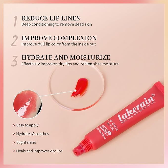Erinde Lip Butter Balm, Moisture Hydration Lip Butter Gloss, Sheer Tinted Lip Mask and Lip Balm, Soothing Lip Treatment Care Makeup, Shine Lip Glow Oil for Dry, Chapped Lips, 05 Cherry