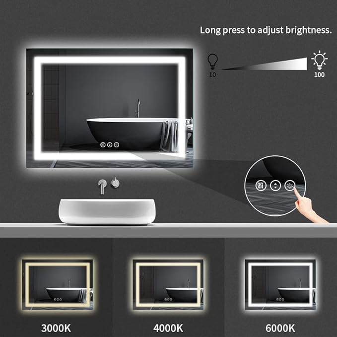 Amorho LED Bathroom Mirror 40"X32" with Front and Backlit, Stepless Dimmable Wall Mirrors with Anti-Fog, Shatter-Proof, Memory, 3 Colors, Double LED Vanity Mirror (Horizontal/Vertical)