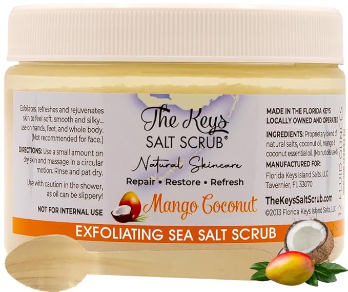 The Keys Salt Scrub -Sea Salt Scrub - Exfoliating Body Scrub with Wooden Spoon - Moisturizing Exfoliator for Hands, Foot, Bath, (12 Ounce (Pack of 1), Mango Coconut)