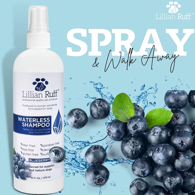 Lillian Ruff Waterless No-Rinse Dog Dry Shampoo Spray with Hydrating Essential Oils - pH-Balanced Dry Shampoo for Dogs - Clean, Condition, Detangle & Deodorize Dry, Sensitive Skin (Blueberry)