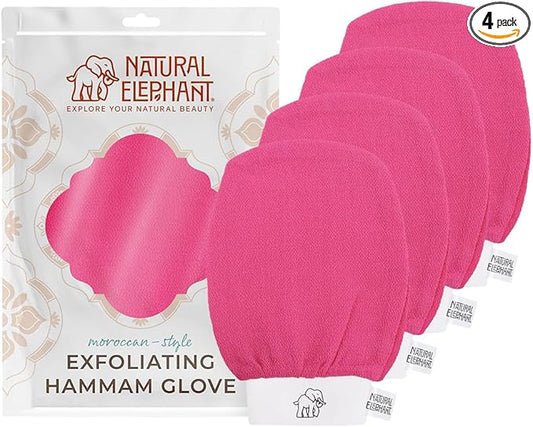 Natural Elephant Exfoliating Kessa Glove - Face and Body Exfoliator Hammam Mitt (Pink Tulip (Pack of 4))