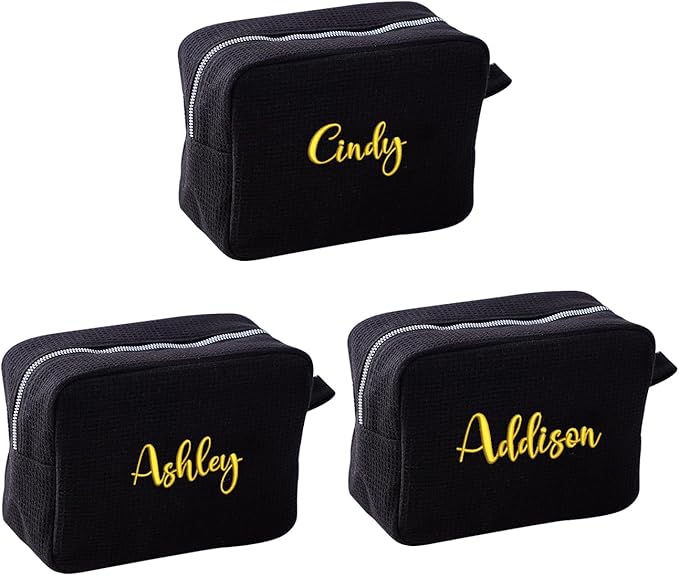 GOPHIE Personalized Embroidered Makeup Bag,Custom Waffle Fabric Cosmetic Pouch for Women, Travel Makeup Pouch (3, Black)