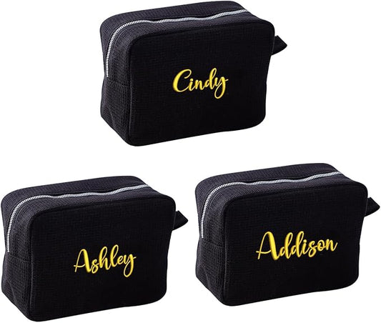 GOPHIE Personalized Embroidered Makeup Bag,Custom Waffle Fabric Cosmetic Pouch for Women, Travel Makeup Pouch (3, Black)
