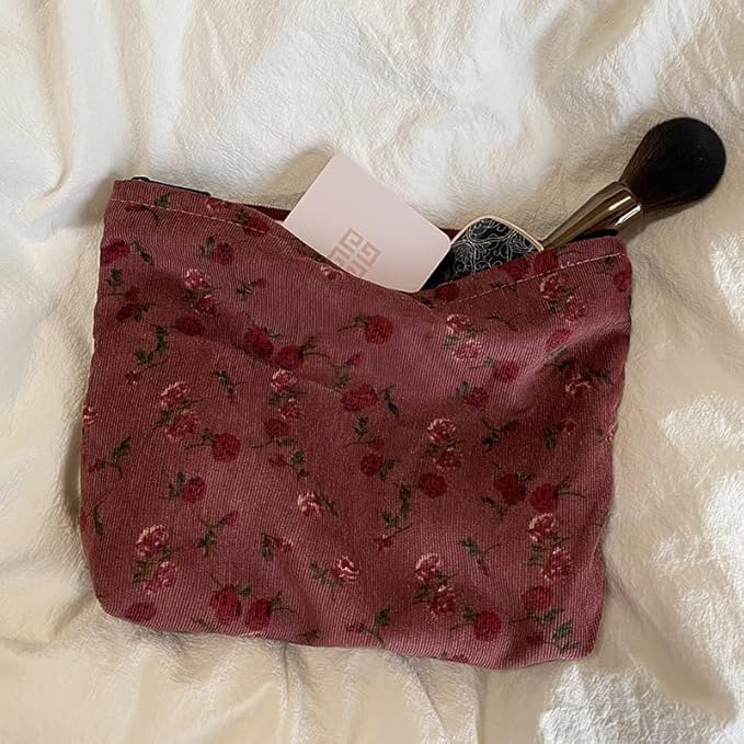 PAZIMIIK Makeup Bag Large Zipper Corduroy Make Up Pouch for Purse Travel Canvas Cosmetic Organizer for Women Brush Storage,Vintage Rose Red
