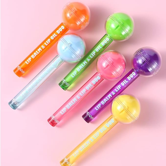 Tinted Lip Balm Lollipop Lip Gloss, Magic pH Color Changing Pink Lipstick & Vitamin E Clear Lip Oil Combo, Hydrating Plumping Lip Care Product for Girls (Yellow)
