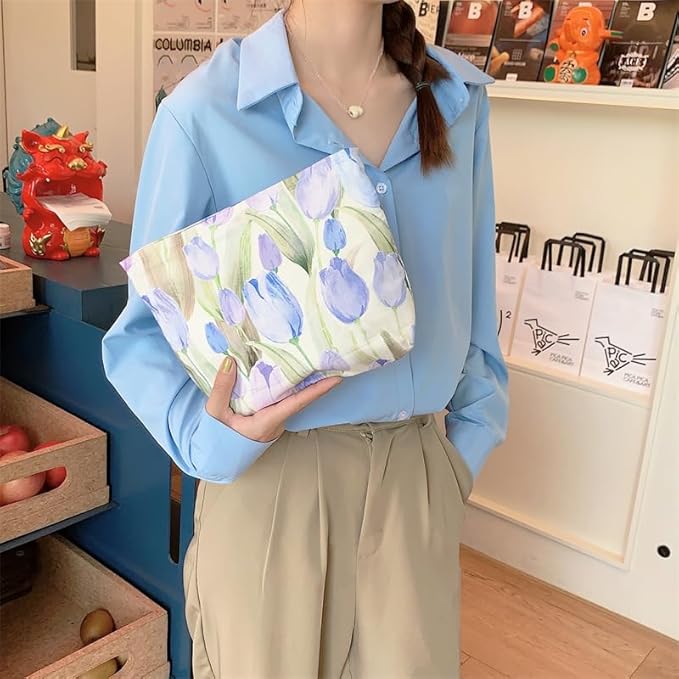 PAZIMIIK Floral Makeup Bag Large Cotton Zipper Pouch for Purse Travel Canvas Make Up Organizer for Women Cosmetic,Tulip Purple