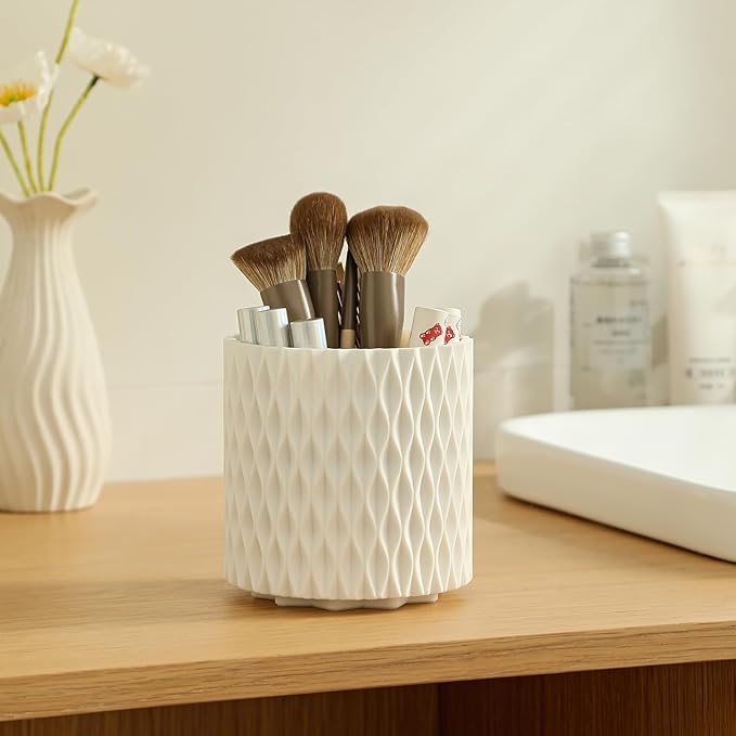 Makeup Brush Holder Organizer - 360° Rotating Makeup Brush Organizer 5 Slot Make up Brushes Cup for Cosmetics, Lipsticks, Bathroom Vanity Desktop Storage (White)