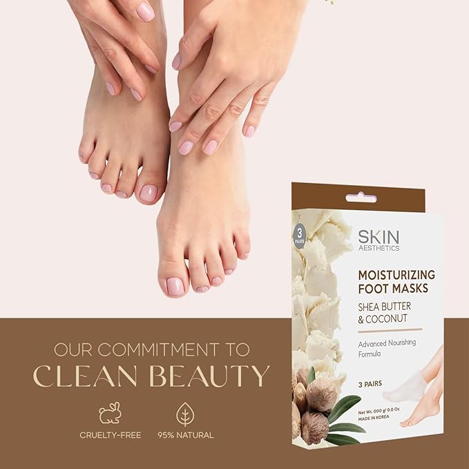 Shea Butter & Coconut Foot Masks - Moisturizes & Repairs Cracked Feet, Hydrating & Exfoliating - Dermatologist Tested Korean Skincare - Clean Beauty, Cruelty-Free - 3 Pairs