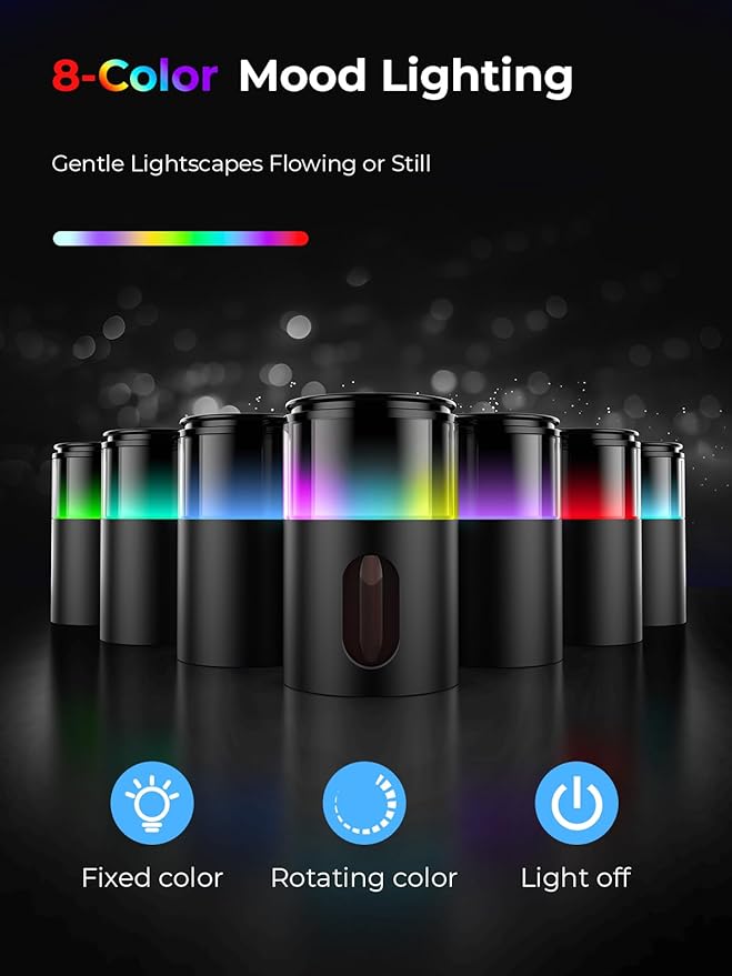 Waterless Essential Oil Diffuser: Battery Mini Scent Diffusers for Home&Car with 8 Color LED Night Light — Cool Mist Aroma Machine Deep Black