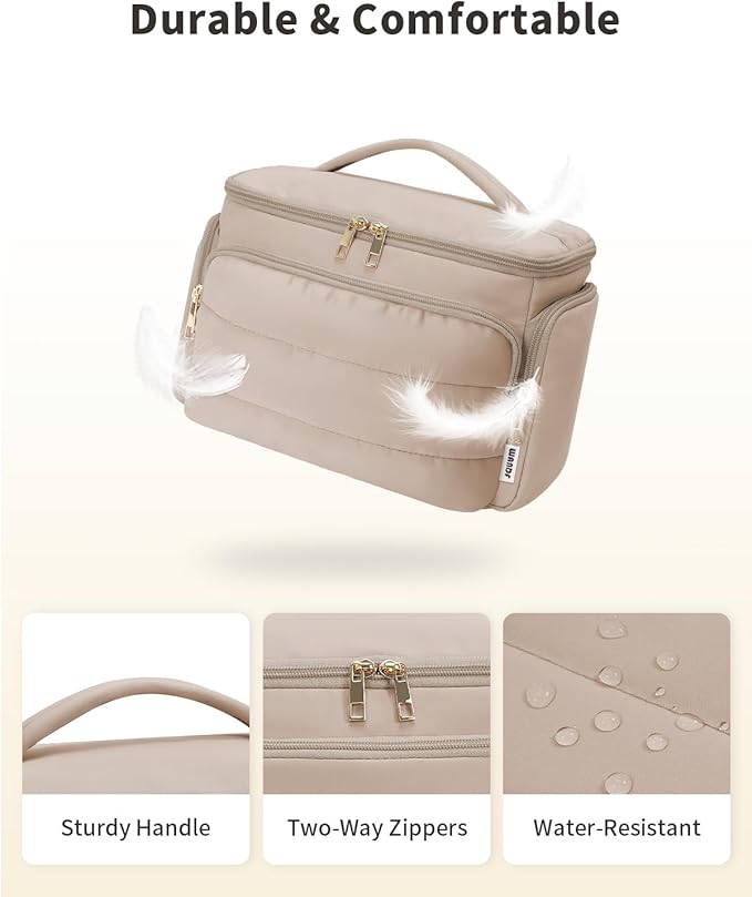 WANDF Travel Toiletry Bag for Women, Wide-open Large Makeup Bag with Handle, Puffy Makeup Organizer for Toiletries, Cosmetics, Accessories, Essentials (Light Khaki)