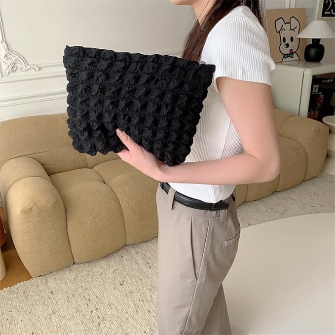 PAZIMIIK Floral Makeup Bag Large Cotton Zipper Pouch for Purse Travel Canvas Make Up Organizer for Women Cosmetic,Bubble Black