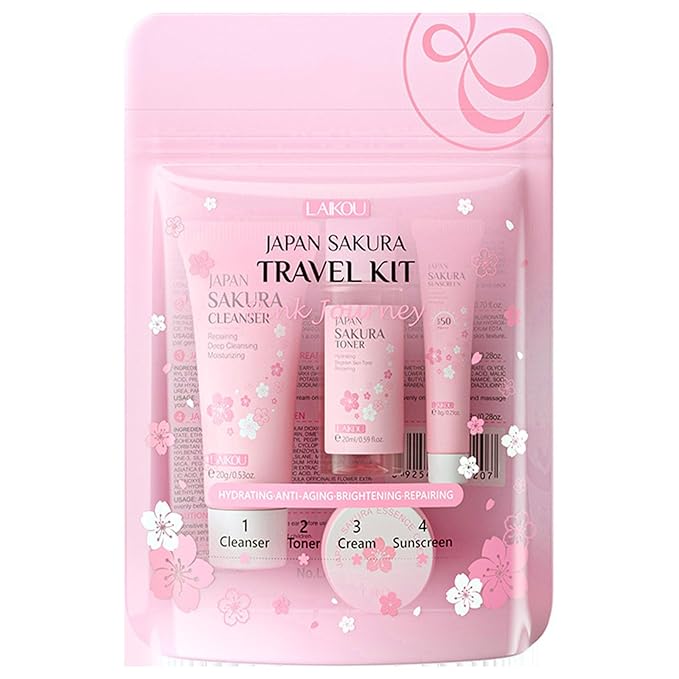 Sakura Travel Skincare Set for Teenage Girls - Face Routine Set for Women,4 Piece Gentle Skin Cleaning & Care Travel Size Kit With Cleanser, Toner, sunscreen and Face Cream