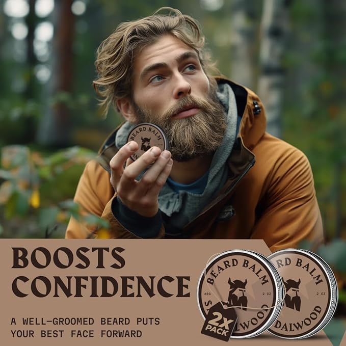 Striking Viking Beard Balm - 2 oz, Pack of 2, Sandalwood Scent - Light Hold Beard Conditioner & Softener With Shea Butter, Jojoba & Argan Oils - Tea Tree Oil Moisturizer & Natural Care